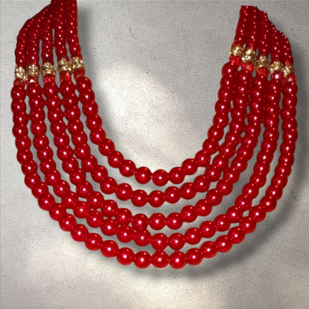 Statement Bright Beaded Red Layered Necklace Mult… - image 1